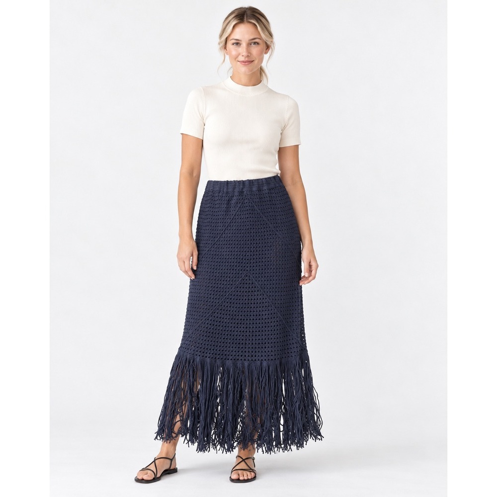 AQUA Crochet Fringe Maxi Skirt Womens Medium Blue Boho Festival Coastal